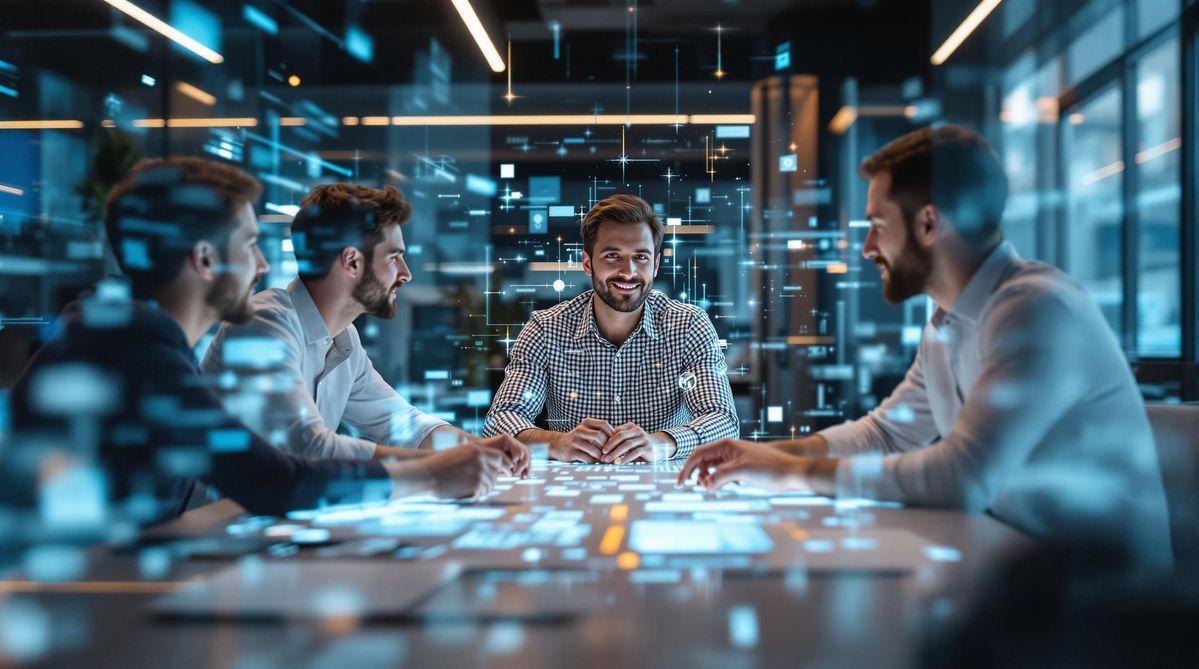 Equipe de especialistas reunida ao redor de mesa digital interativa com dados e indicadores holográficos sobrepostos, ambiente de escritório tecnológico, paleta azul e laranja, fotografia profissional realista